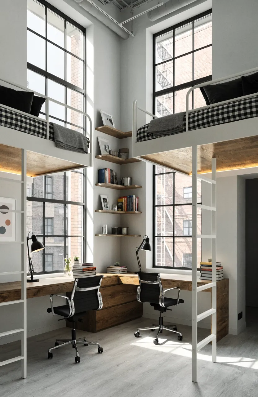 Two white lofted beds with wooden desks and study areas underneath in a bright, modern room.