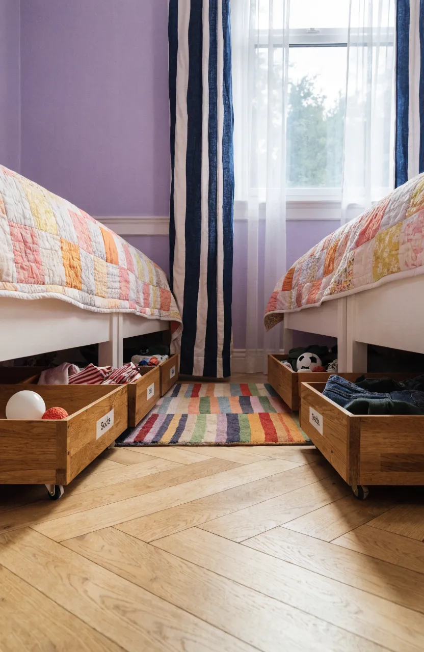 Wooden rolling storage trays organized neatly under white twin beds in a tidy shared room.