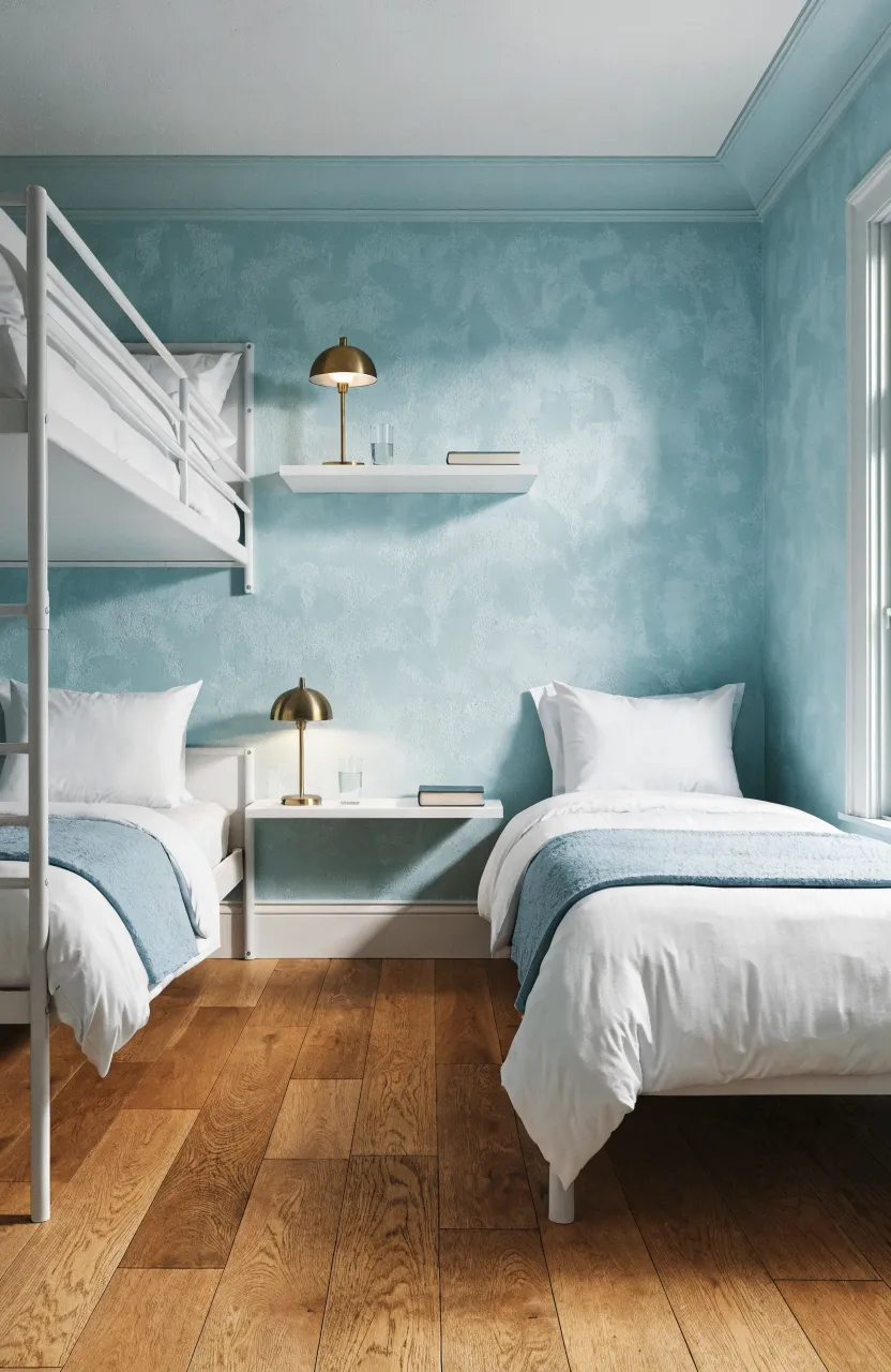 White floating bedside shelves mounted on a teal wall next to beds in a compact shared room.