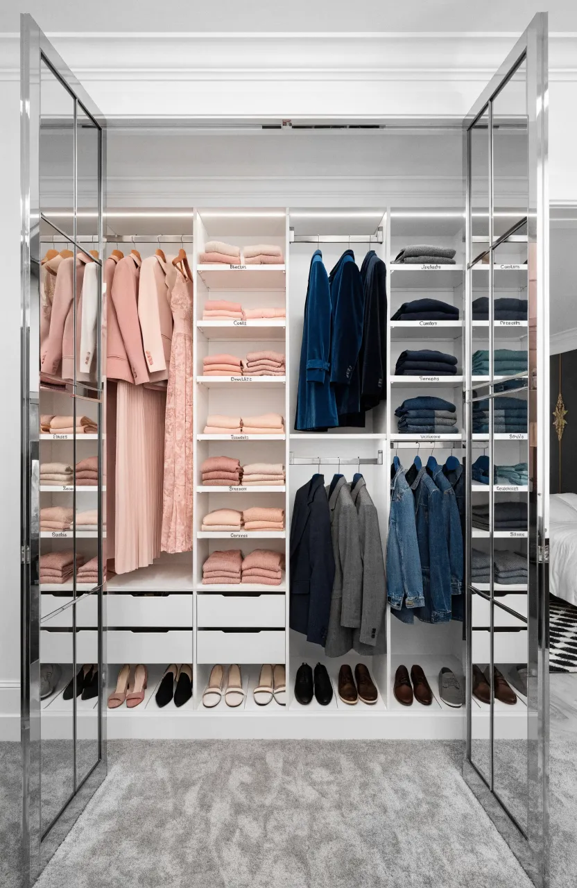 A shared walk-in closet split into two organized halves with color-coded clothes and shelving.