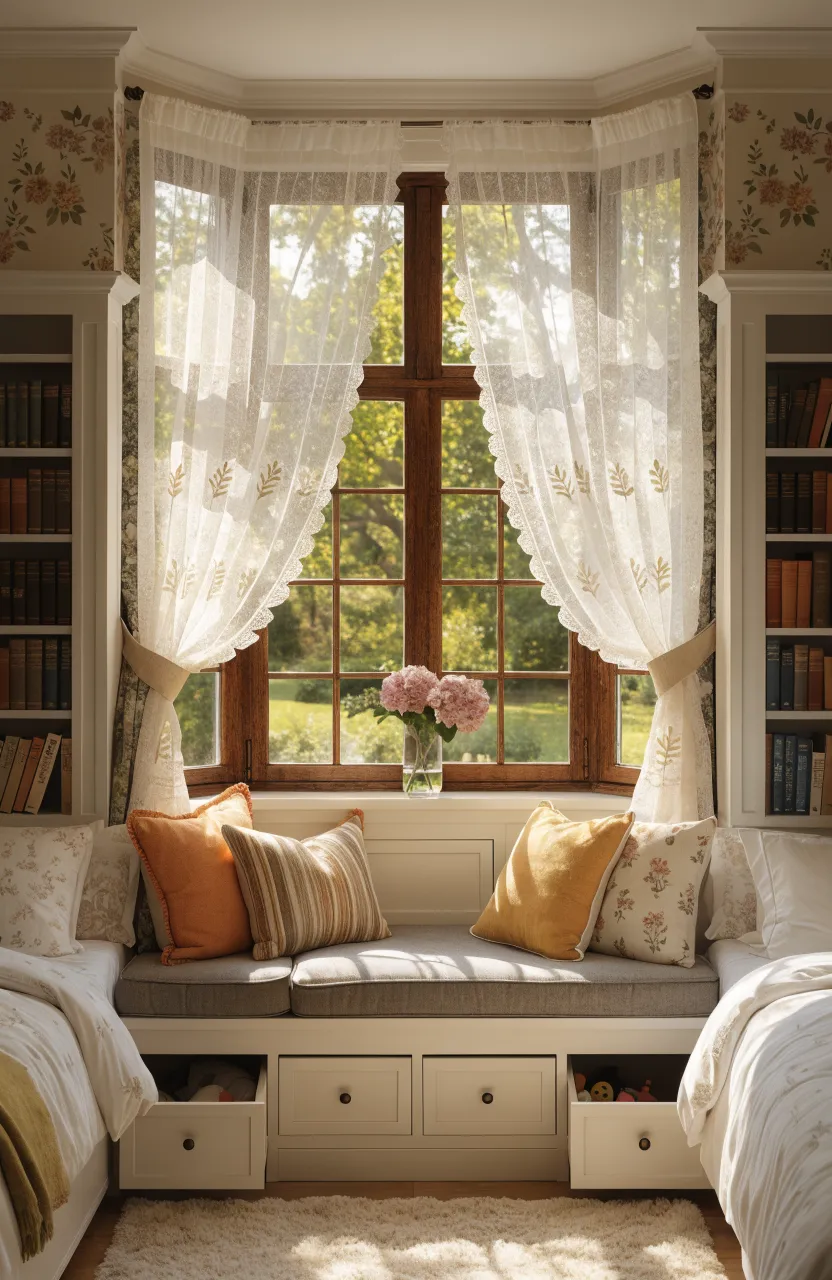 A cozy white window seat with a grey cushion and storage drawers in a sunlit shared bedroom.