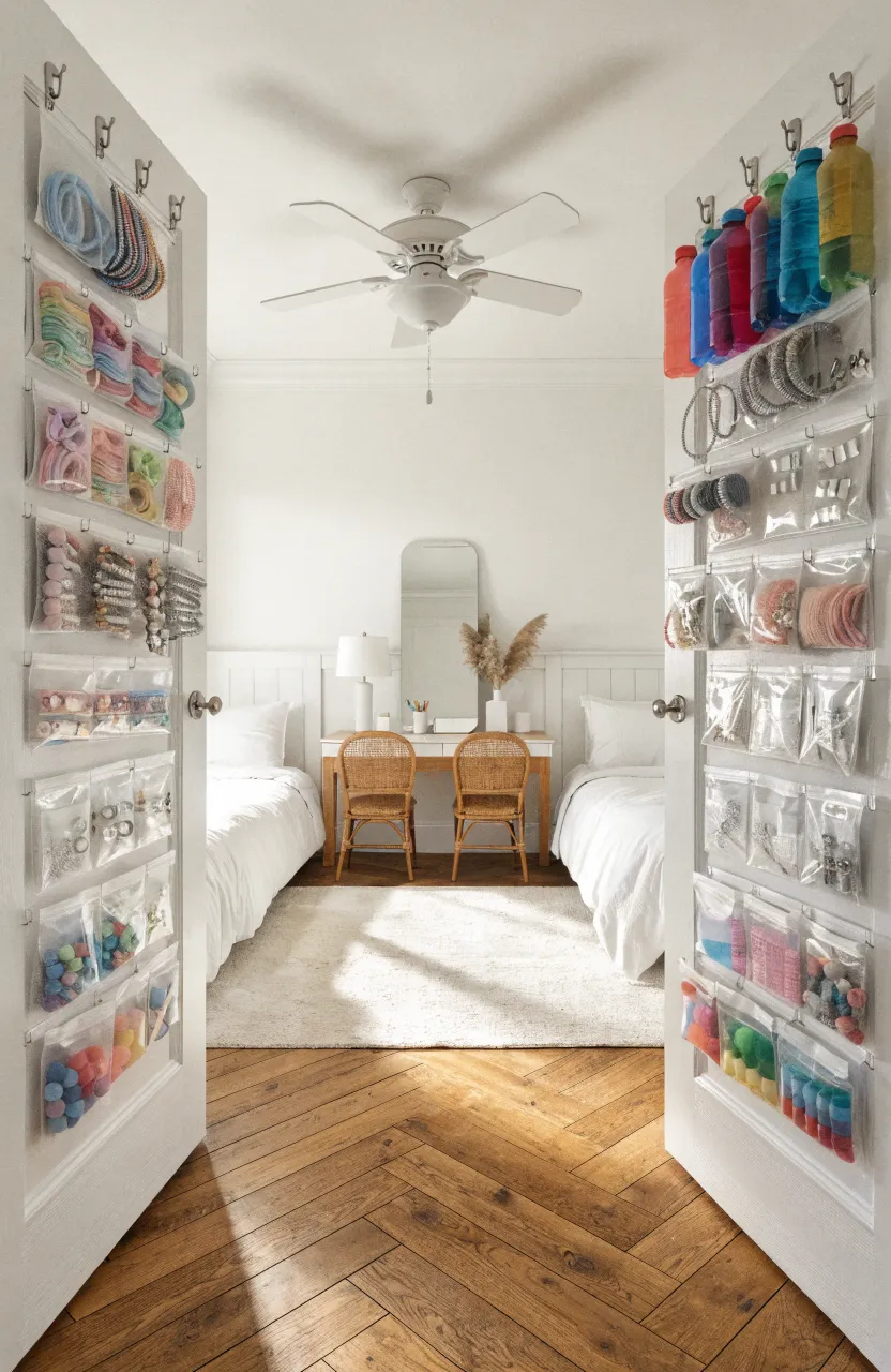 Clear pocket organizers hanging on white doors in a tidy shared bedroom filled with colorful accessories.