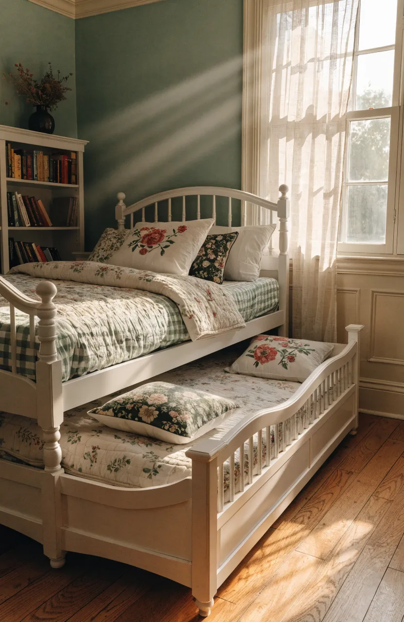 A white wooden bed with a trundle mattress pulled out in a cozy, sunlit shared bedroom.
