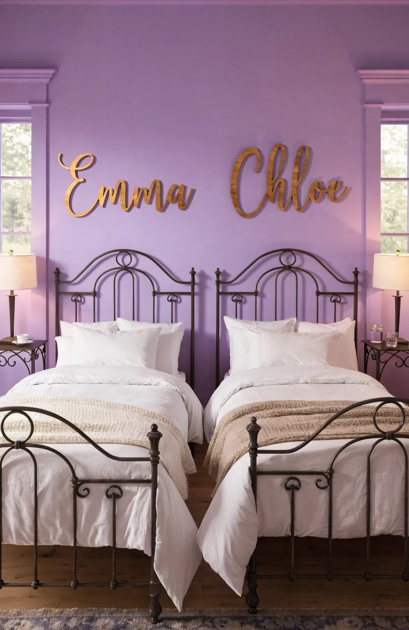Custom wooden name signs mounted above two matching beds in a lavender-colored shared room.