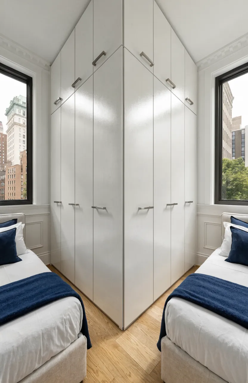 A sleek white corner wardrobe maximizing space in a modern shared bedroom with two beds.