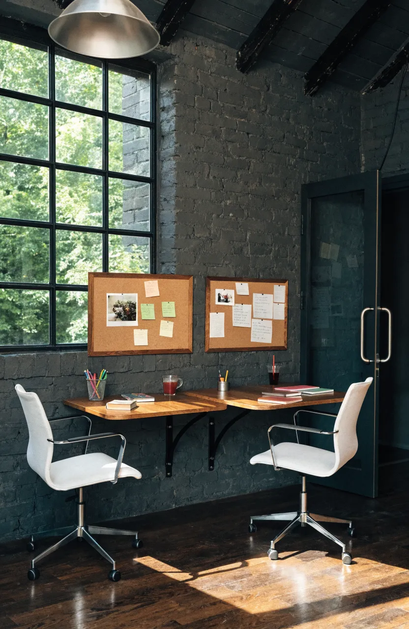 Two wooden wall-mounted desks folded down for study in a bright, modern shared bedroom.