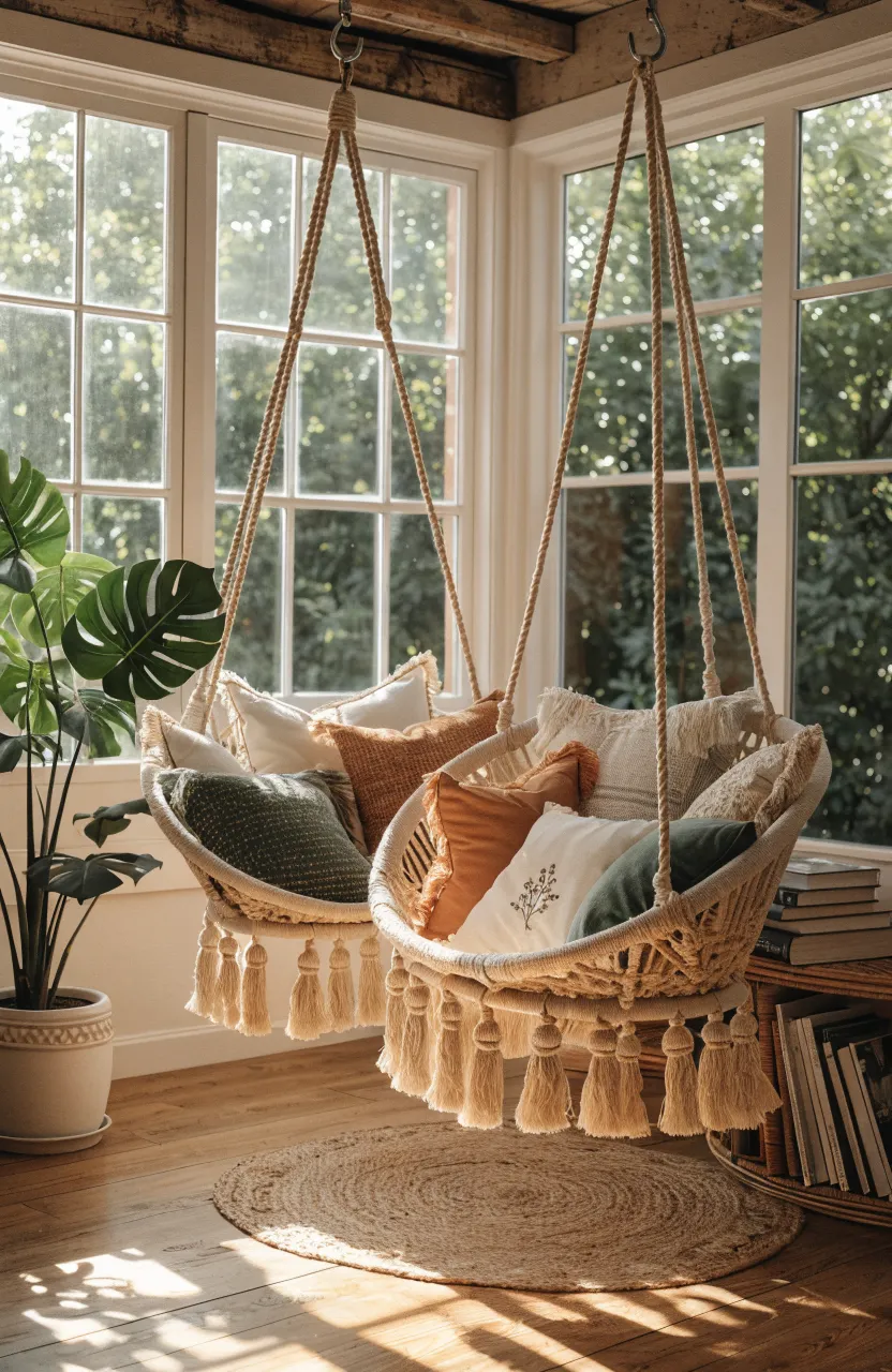Two cream macrame hanging chairs in a cozy, sunlit corner nook of a shared bedroom.