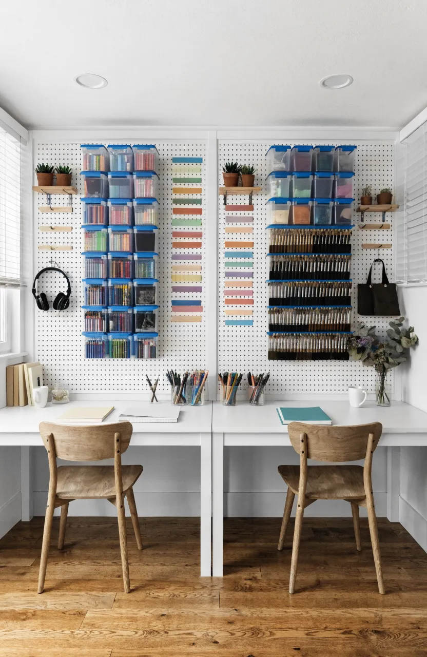 A wide view of a shared craft area with large white pegboards organized with colorful art supplies above a double desk.