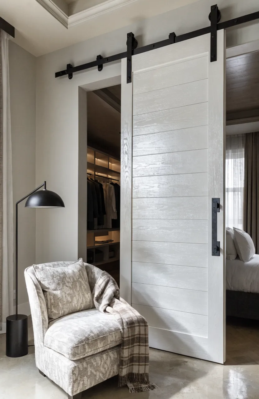 A white sliding barn door with black hardware in a bedroom, saving space for a private dressing area.