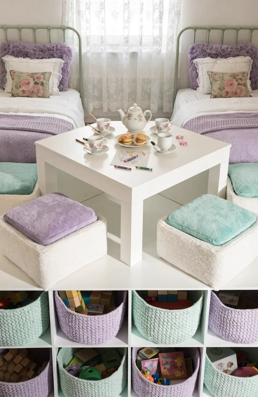 A white central play table with storage cubbies and baskets in the middle of a bright, shared sisters' bedroom.