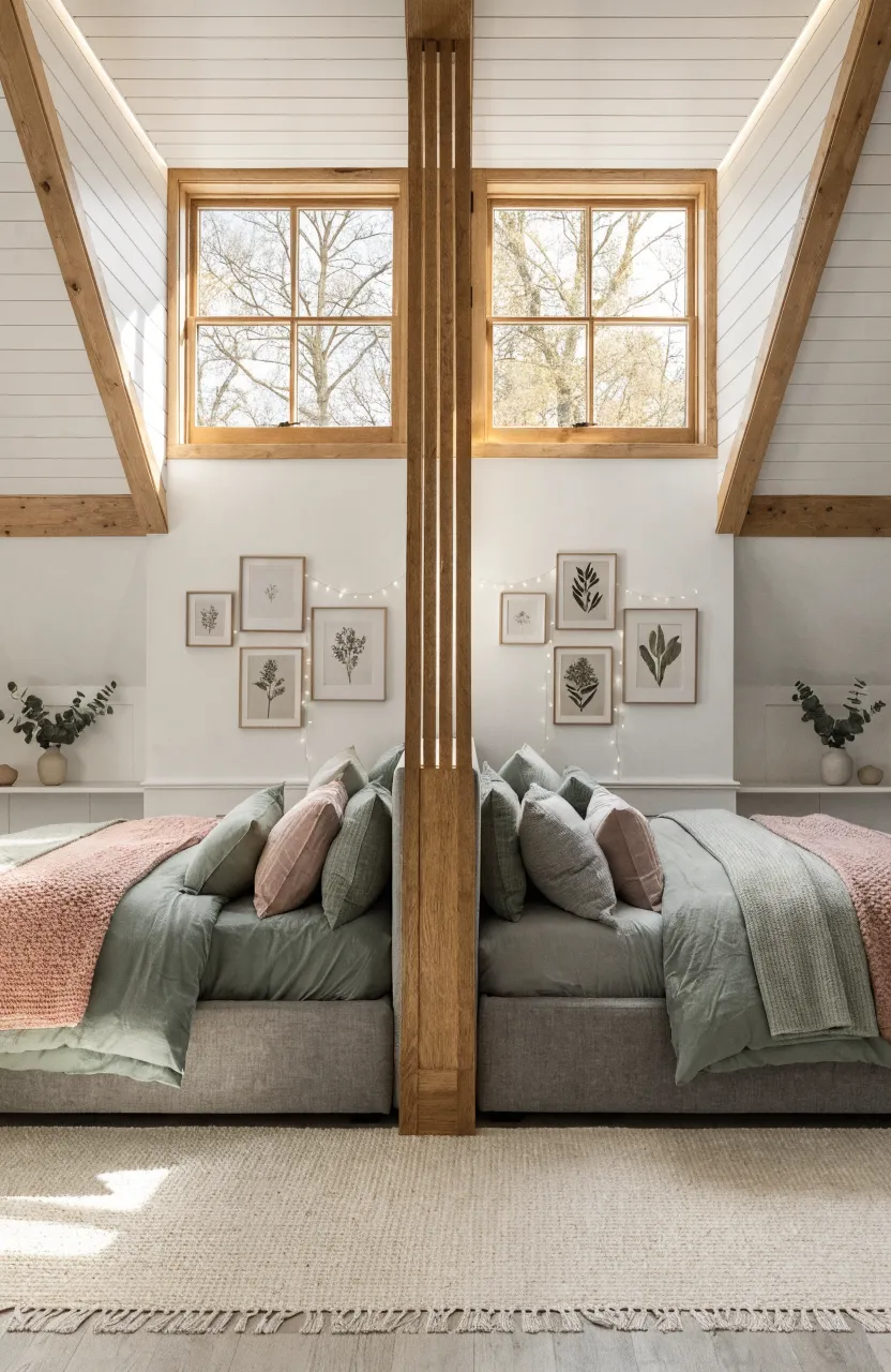 A wide shot of a shared teen bedroom with two beds placed headboard-to-headboard, separated by a wooden slat partition.