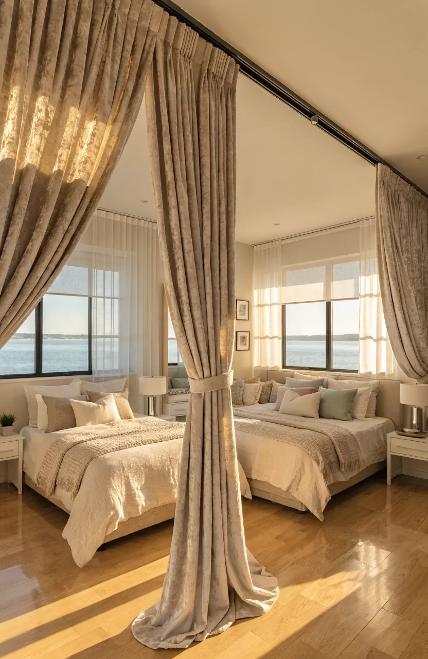A wide view of a shared bedroom featuring floor-to-ceiling oatmeal velvet curtains used as a flexible room divider.