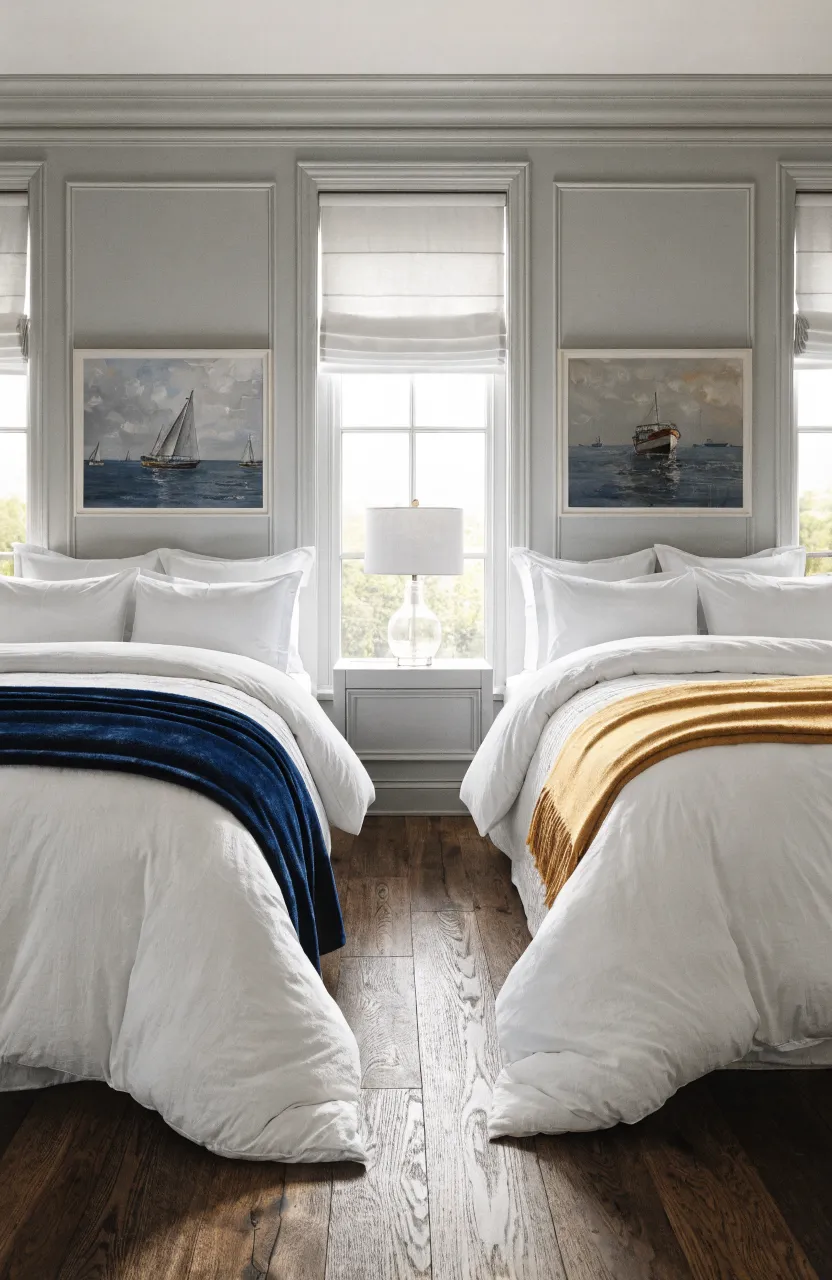 A symmetrical view of a shared bedroom with two beds featuring identical, crisp white luxury bedding and colorful throws.