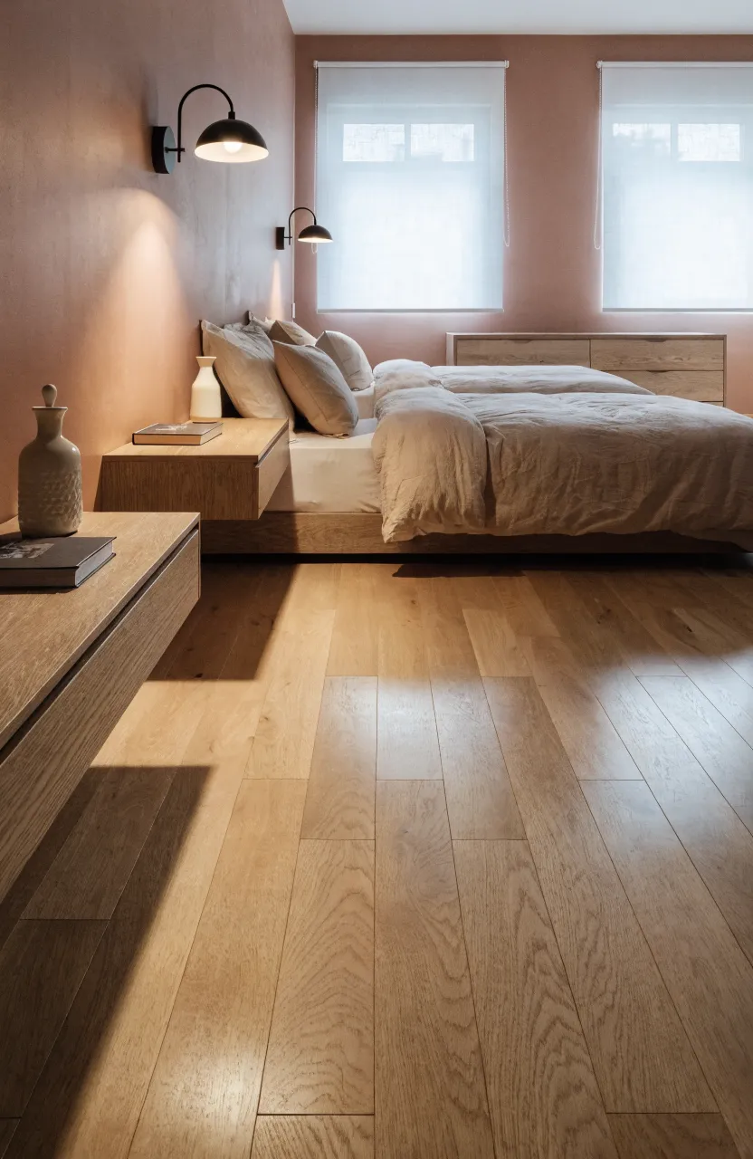 A wide shot of a shared bedroom showing floating wooden nightstands mounted between two beds to save floor space.