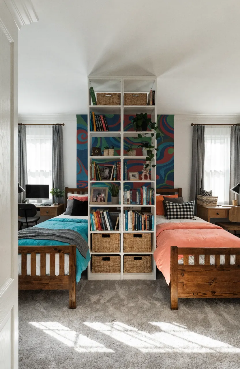 A wide environmental shot of a shared bedroom split by a large white open-back bookshelf used as a room partition.