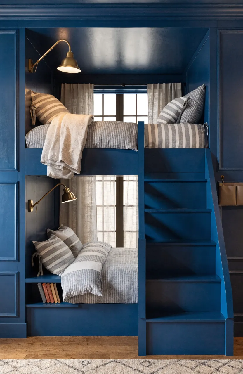 A wide shot of custom navy blue bunk beds with built-in brass reading lights and individual storage niches for each bunk.