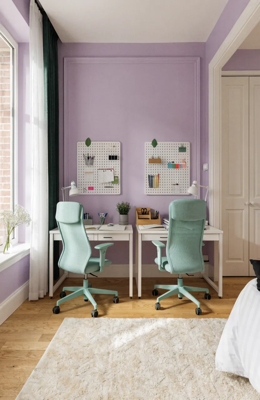 Two identical white desks with mint green chairs arranged symmetrically in a tidy lavender teen bedroom.