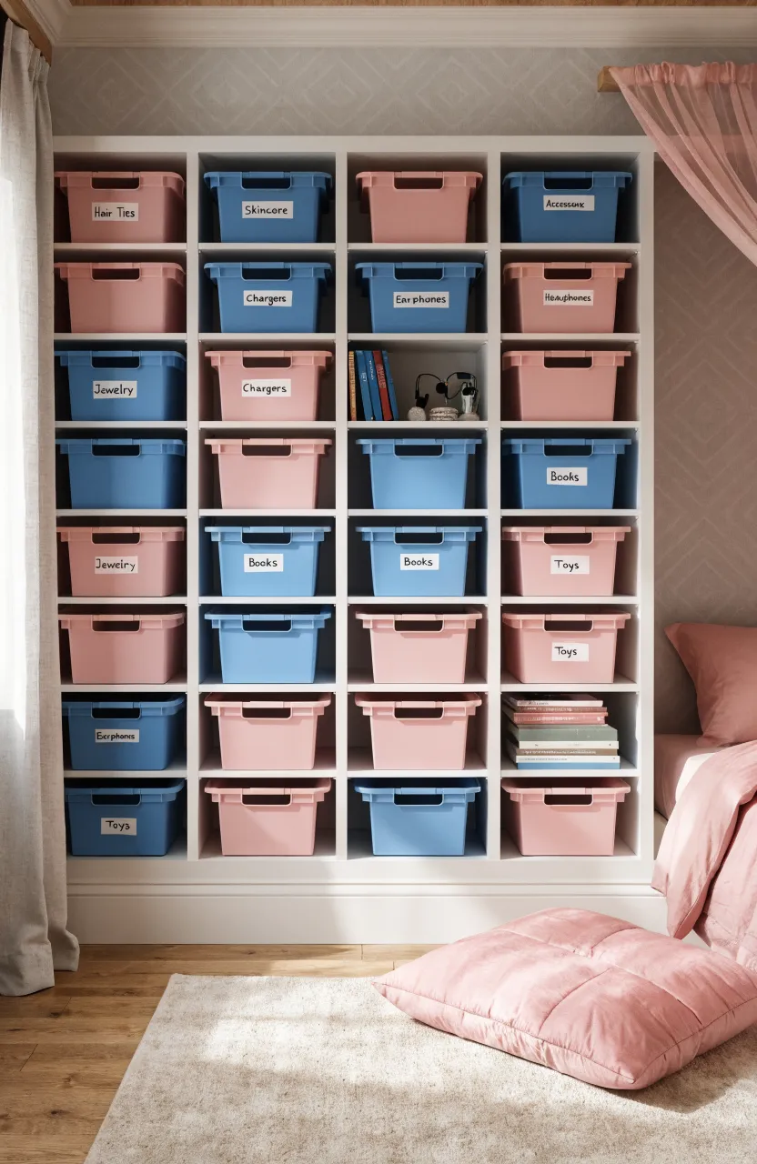 Open white shelves with organized pink and blue bins in a bright, modern shared bedroom.