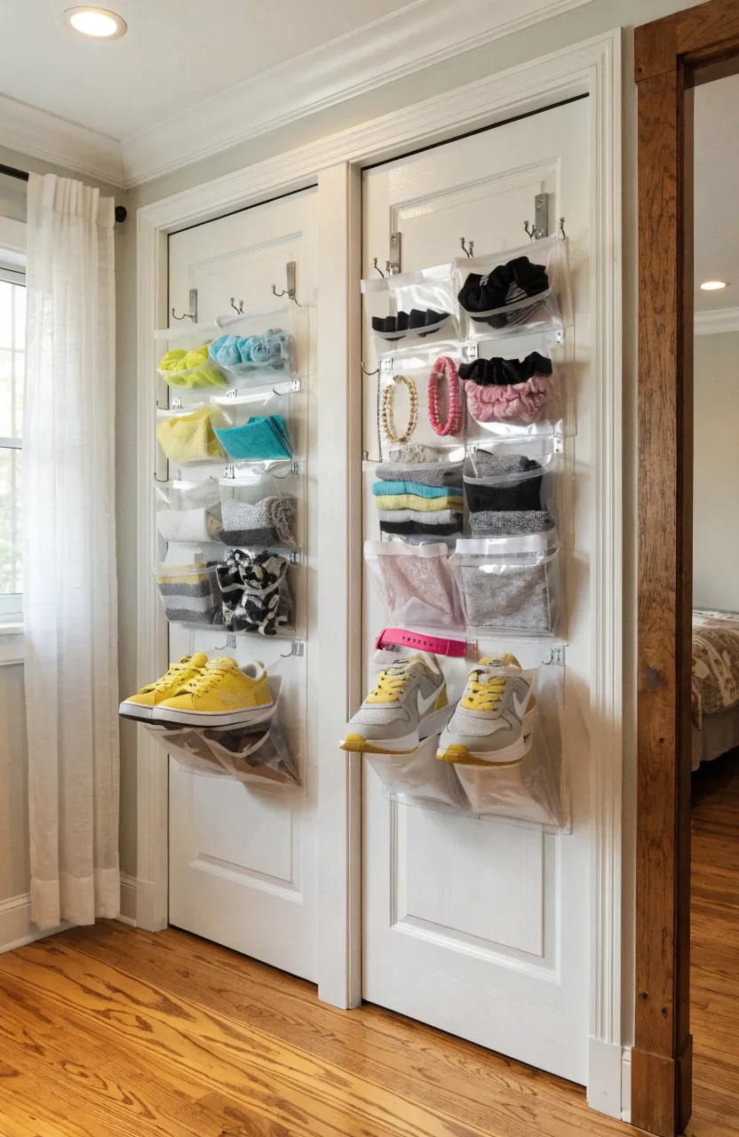 Clear over-the-door organizers hanging on white closet doors in a well-organized shared bedroom.