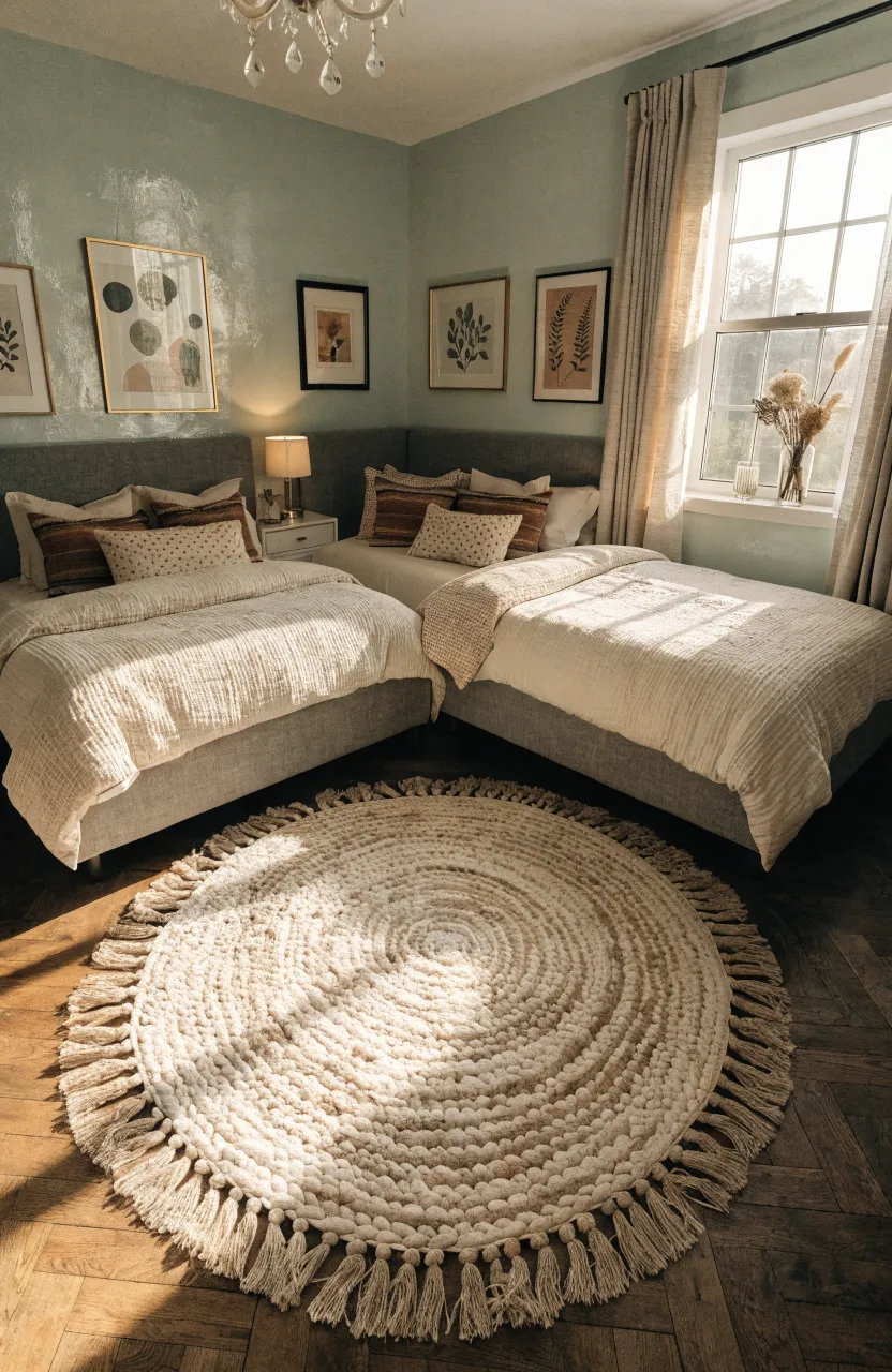 Two twin beds arranged in an L-shape in a corner to maximize floor space in a sage green bedroom.