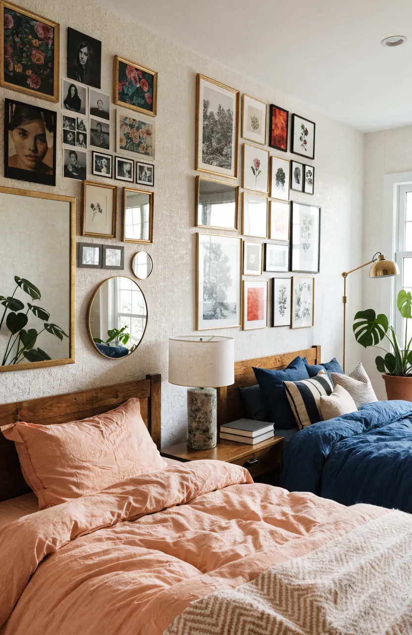 Two beds in a shared room each featuring a unique, personalized gallery wall of art and photos.