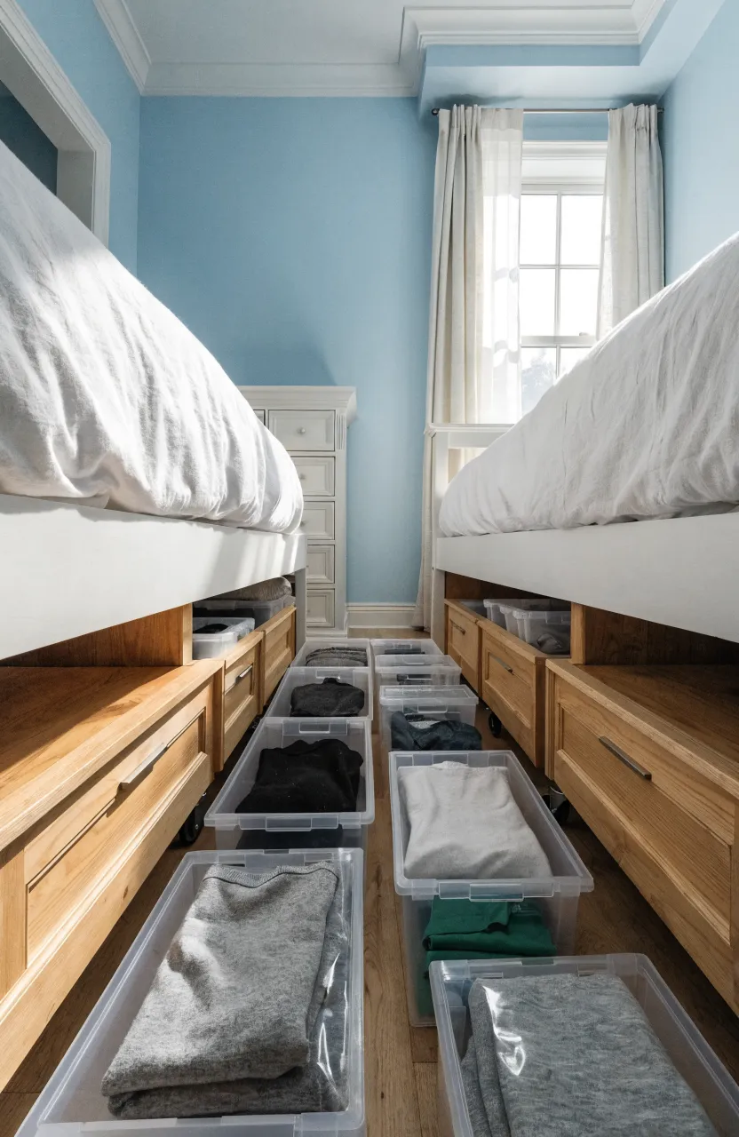 Rolling wooden storage drawers and clear bins neatly tucked under twin beds in a shared room.