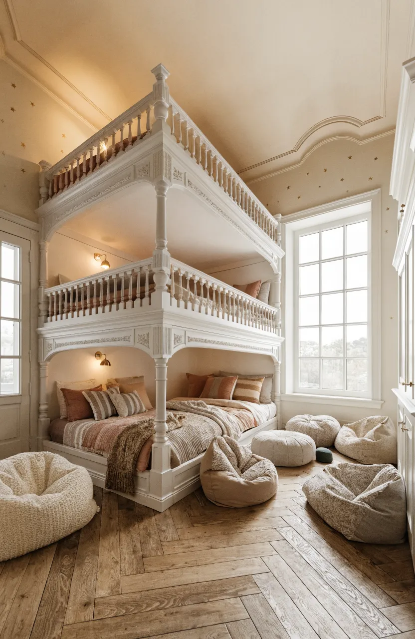 A custom white wooden triple bunk bed system in a bright, high-ceilinged shared bedroom.