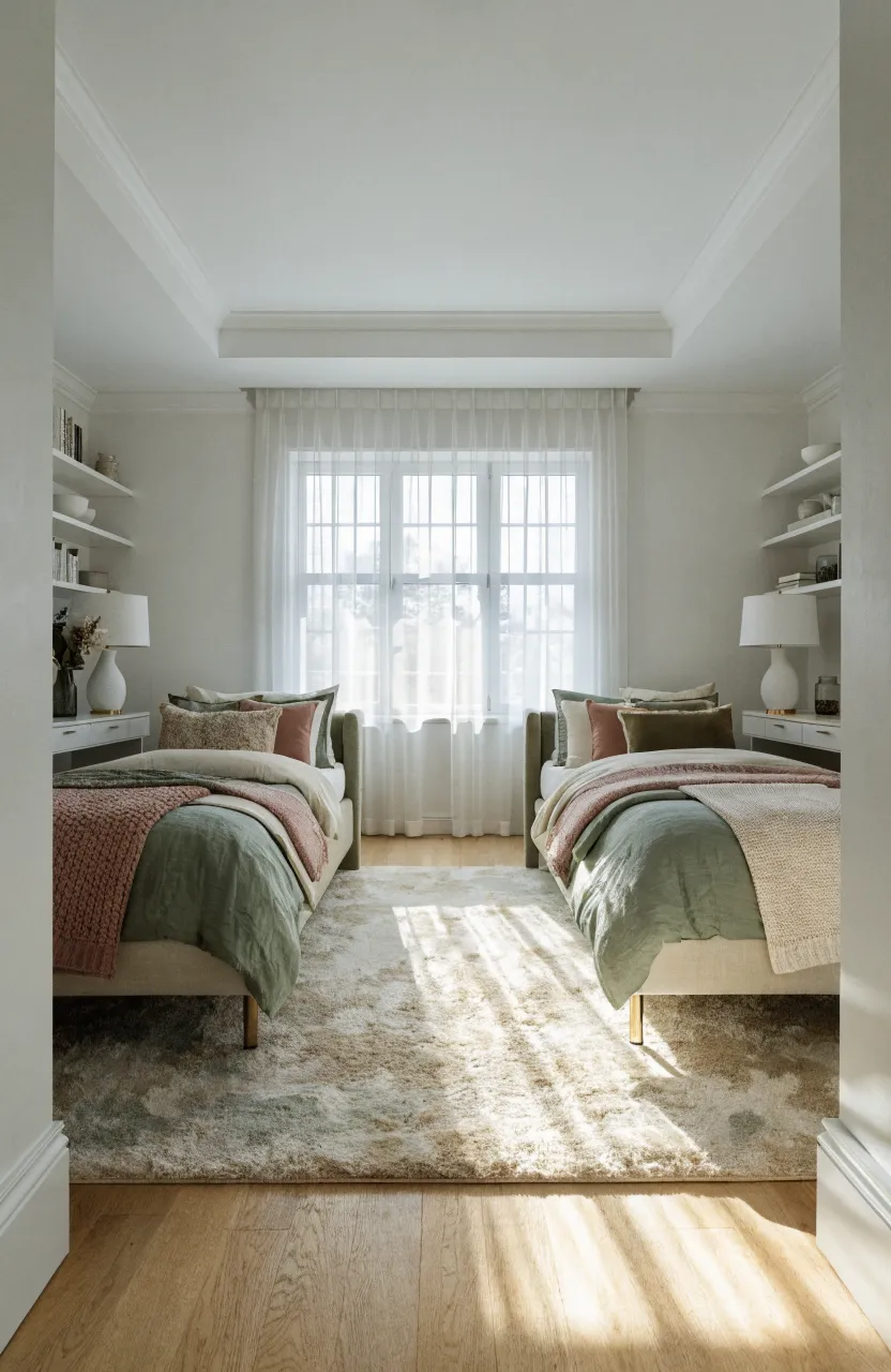 A symmetrical shared teen bedroom with a large plush rug centered between two twin beds.