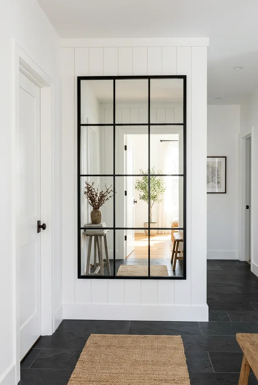 A black grid-style mirror resembling a window pane on a white hallway wall, reflecting bright light.