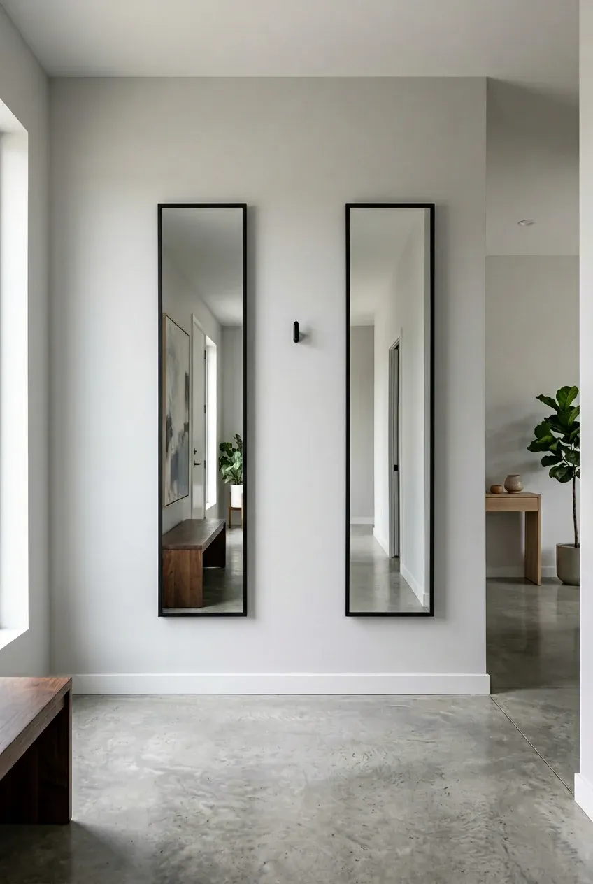 Two identical narrow vertical mirrors hung side-by-side with perfect symmetry in a wide hallway.