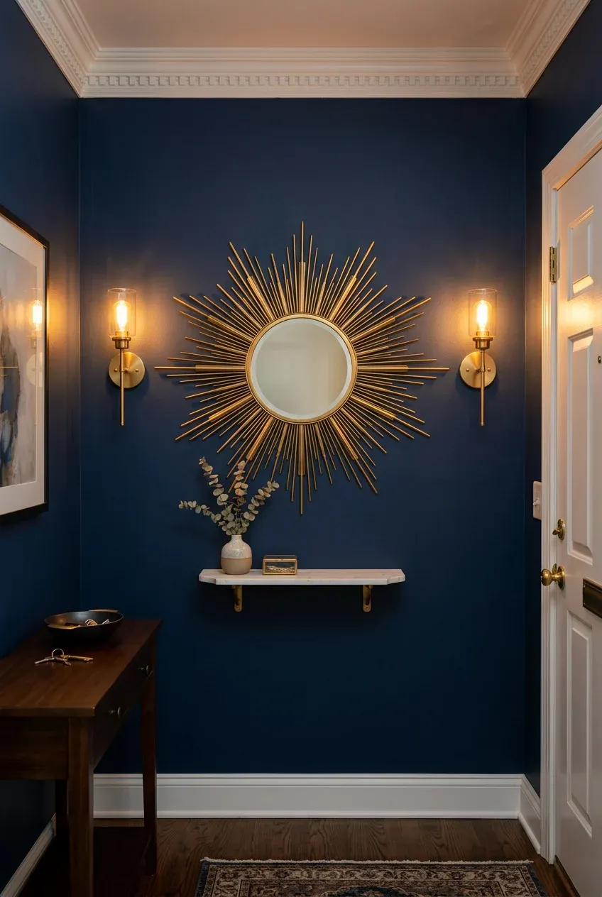 A gold sunburst mirror mounted between two glowing brass wall lamps on a dark navy wall.