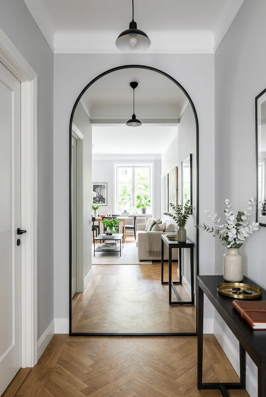 A large arched mirror with a black frame reflecting a bright room, making a small entry feel huge.