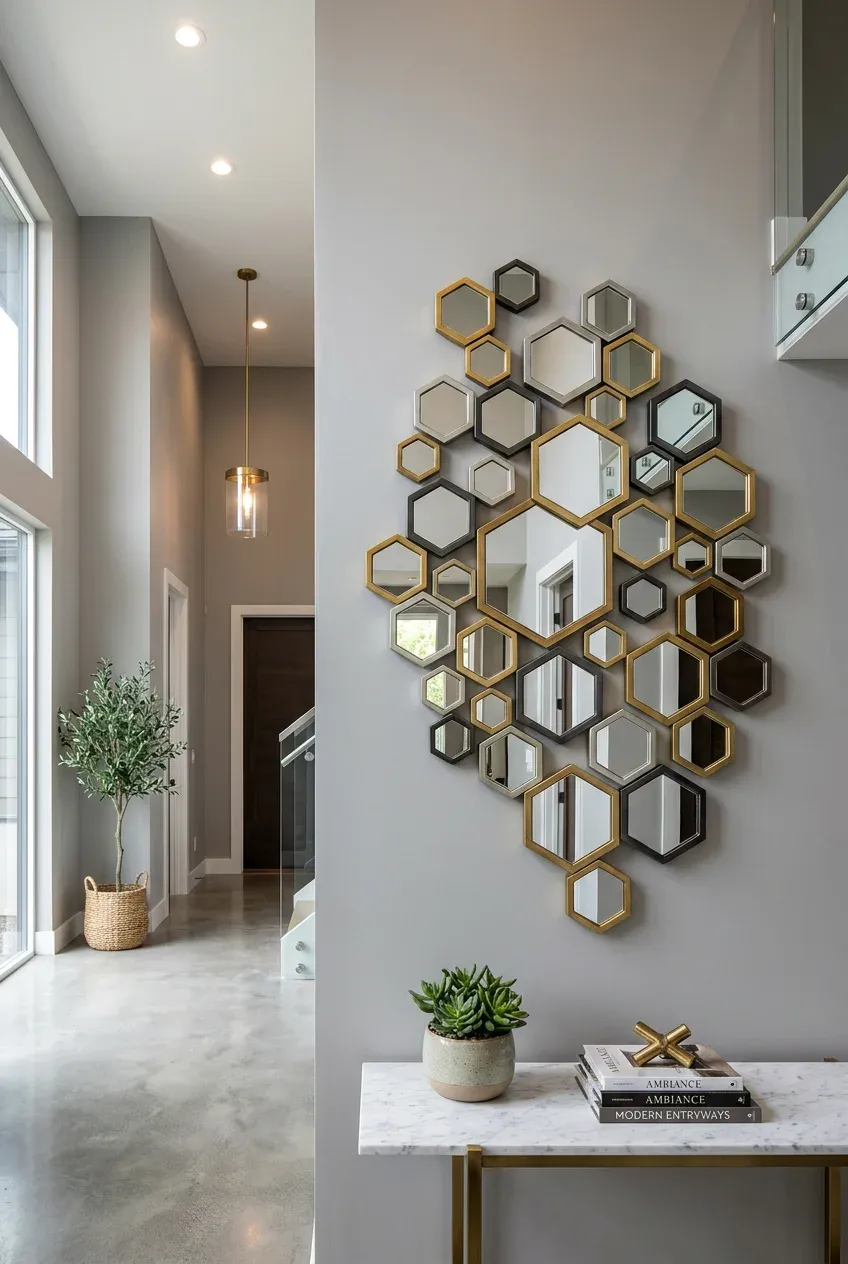A cluster of gold, silver, and black hexagonal mirrors arranged as art on a grey entryway wall.