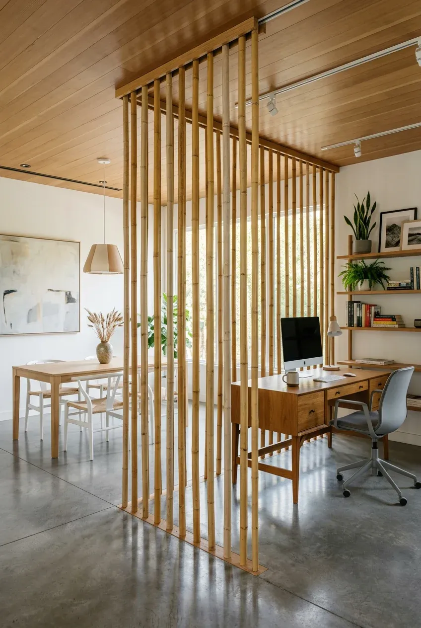 A floor-to-ceiling vertical bamboo pole screen dividing a bright, modern open-concept living space.