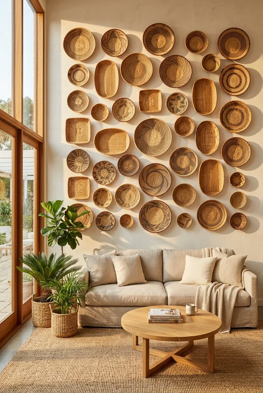 A large collection of woven bamboo plates and baskets arranged artistically on a white living room wall.