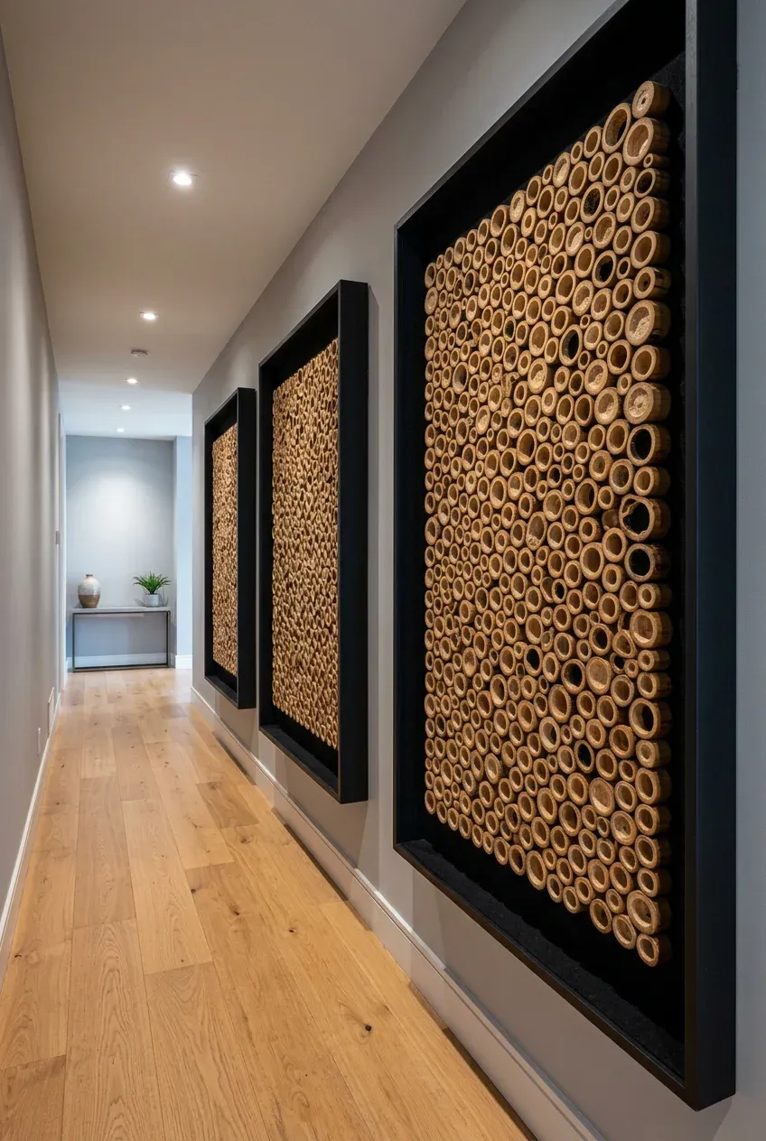 Three large shadow boxes containing circular bamboo stem cross-sections on a minimalist hallway wall.