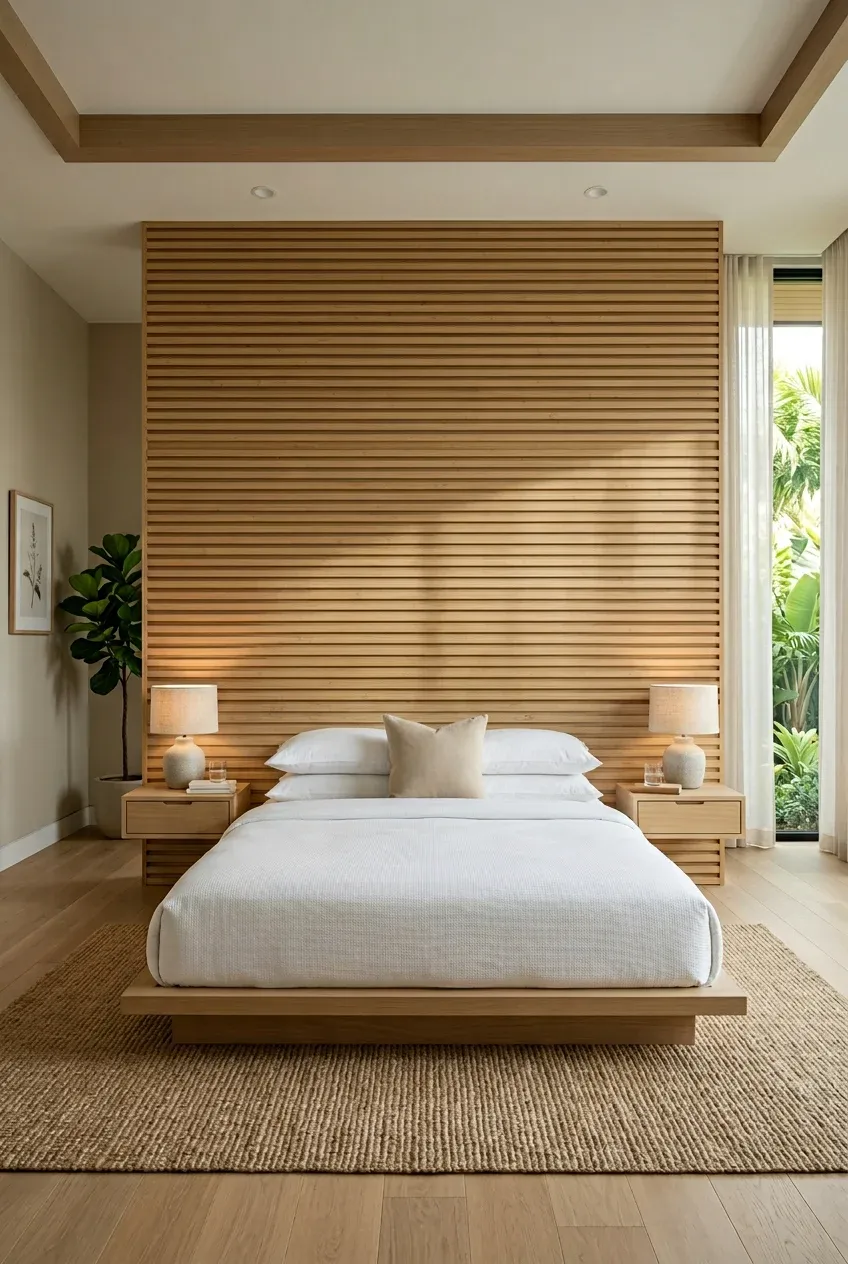 A modern bedroom with a full accent wall made of horizontal split bamboo slats behind a platform bed.