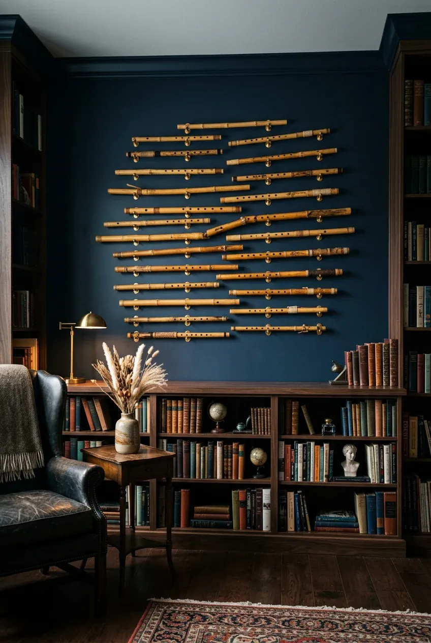 A collection of traditional bamboo flutes mounted on a dark navy wall in a sophisticated home library.