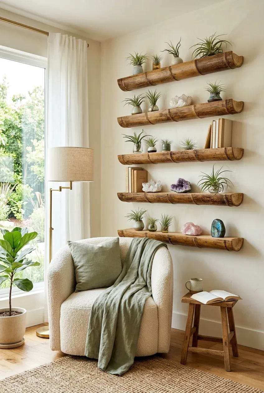 Half-round bamboo trunk shelves holding air plants on a bright cream wall in a cozy room.