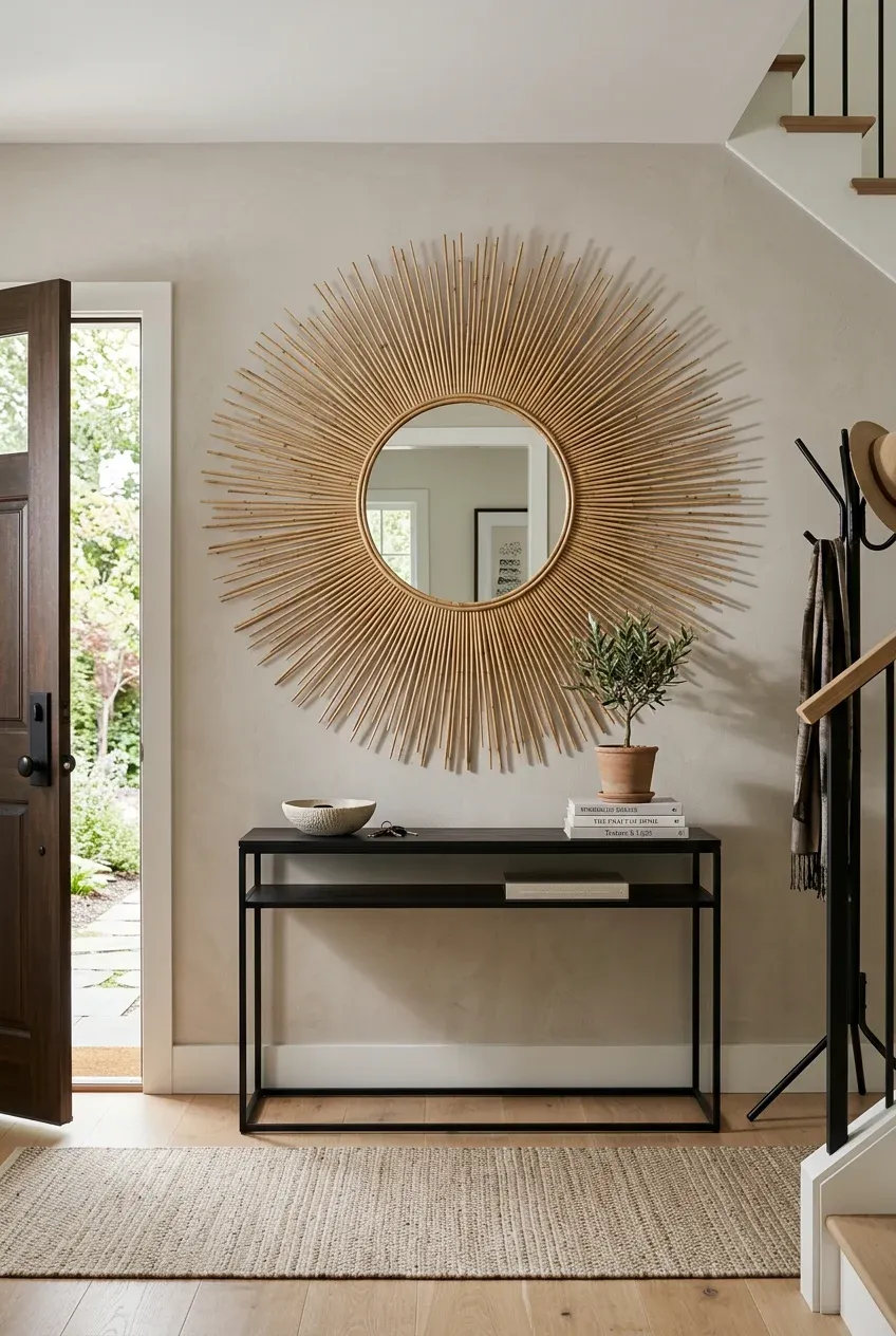 A large bamboo sunburst mirror hanging above a console table in a bright, modern entryway.