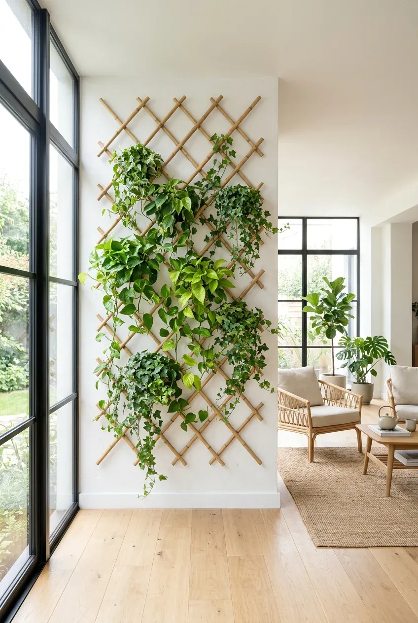 A bamboo lattice trellis on a white wall with green climbing plants in a bright room.