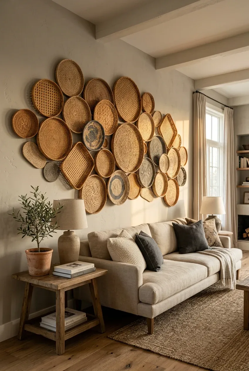 A collection of woven rattan and bamboo trays arranged as art on a living room wall.