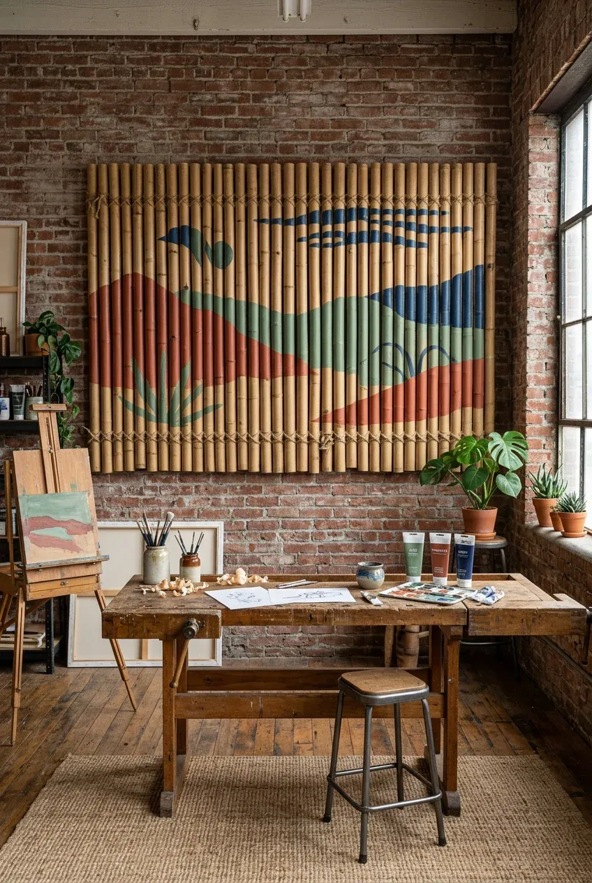 A large wall art piece made of bamboo stalks painted with an abstract landscape design.