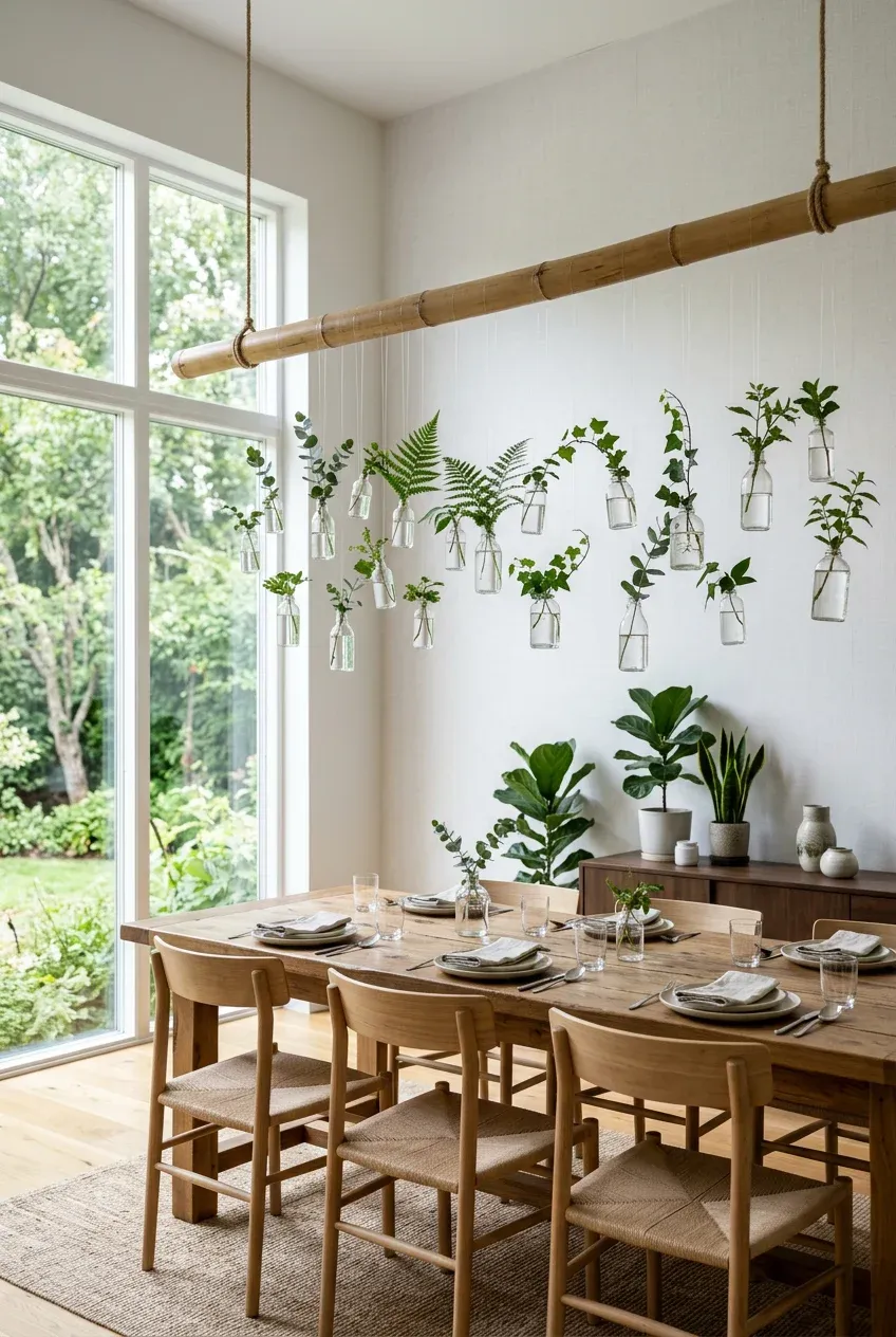 A thick bamboo branch hanging from the ceiling with small glass vases holding plant cuttings.