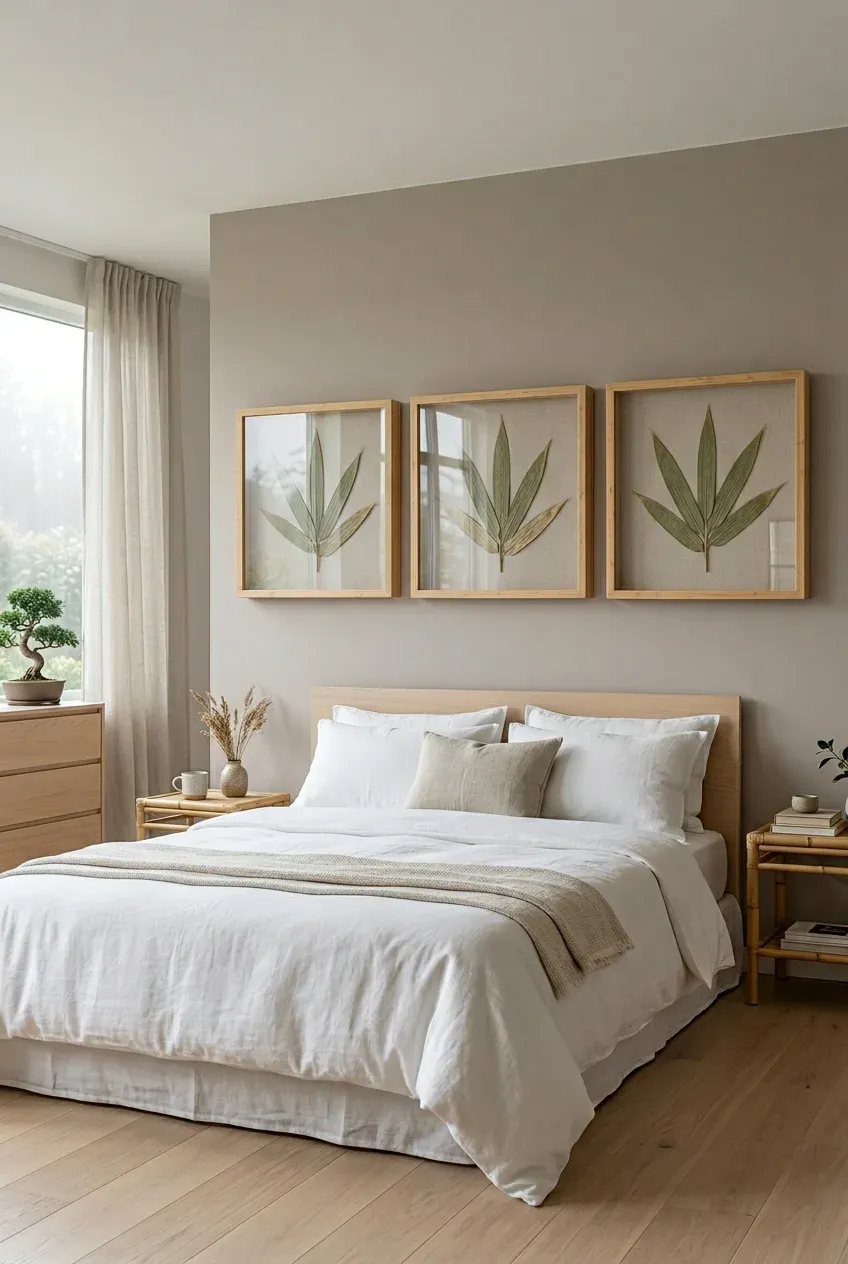 Three framed shadow boxes with dried bamboo leaves hanging above a bed in a minimalist room.