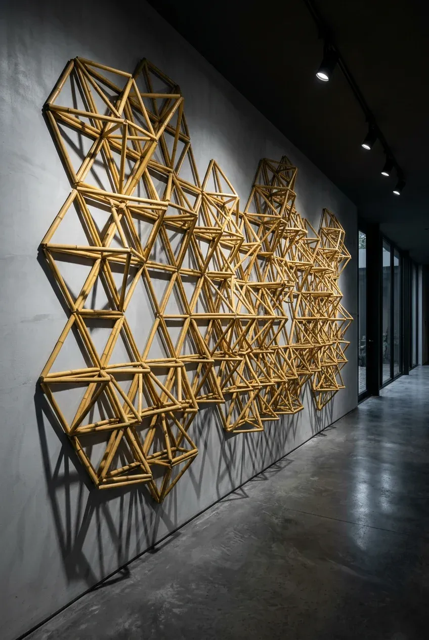 A large 3D geometric sculpture made of bamboo sticks on a modern gray wall.