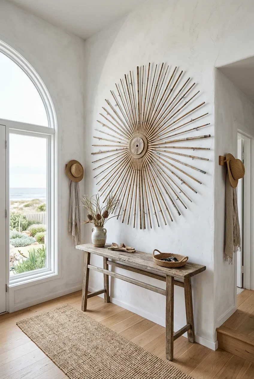 A sunburst wall hanging made of vintage bamboo fishing poles in a bright coastal entryway.
