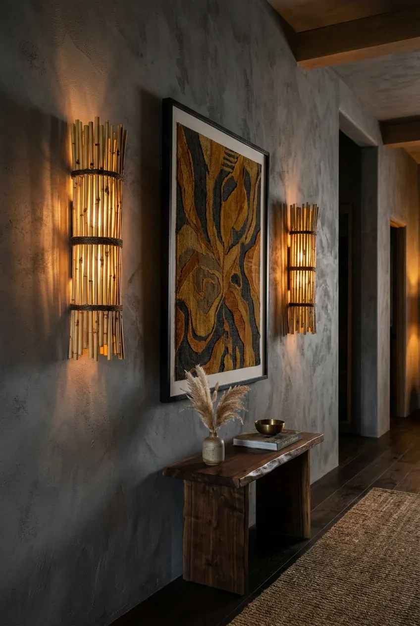 Two bamboo bundle wall sconces glowing with warm light in a dimly lit, cozy room.