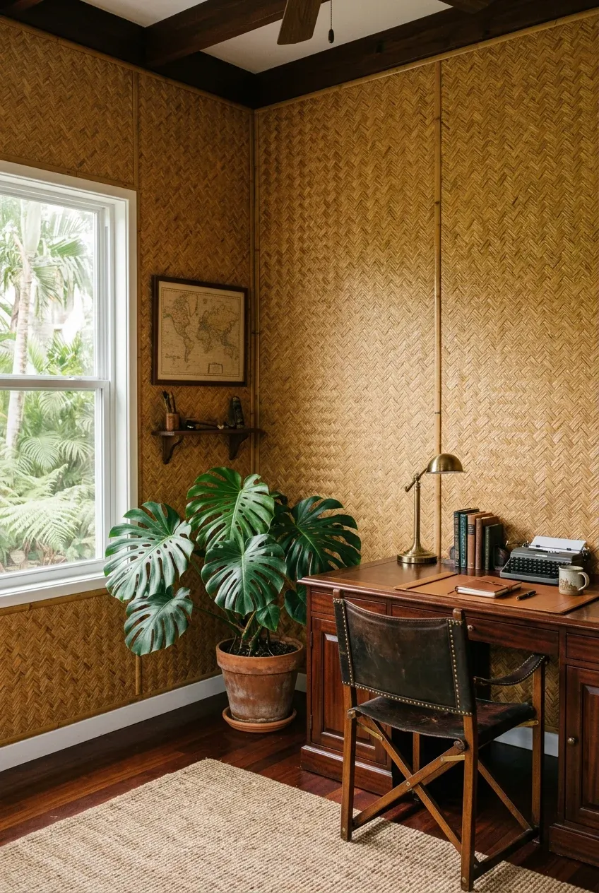 A home office with walls covered in finely woven bamboo mats and tropical decor.