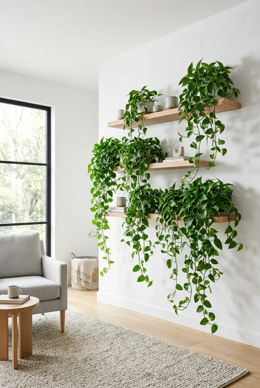 Three oak floating shelves on a white wall with long Pothos vines cascading down like a green waterfall.